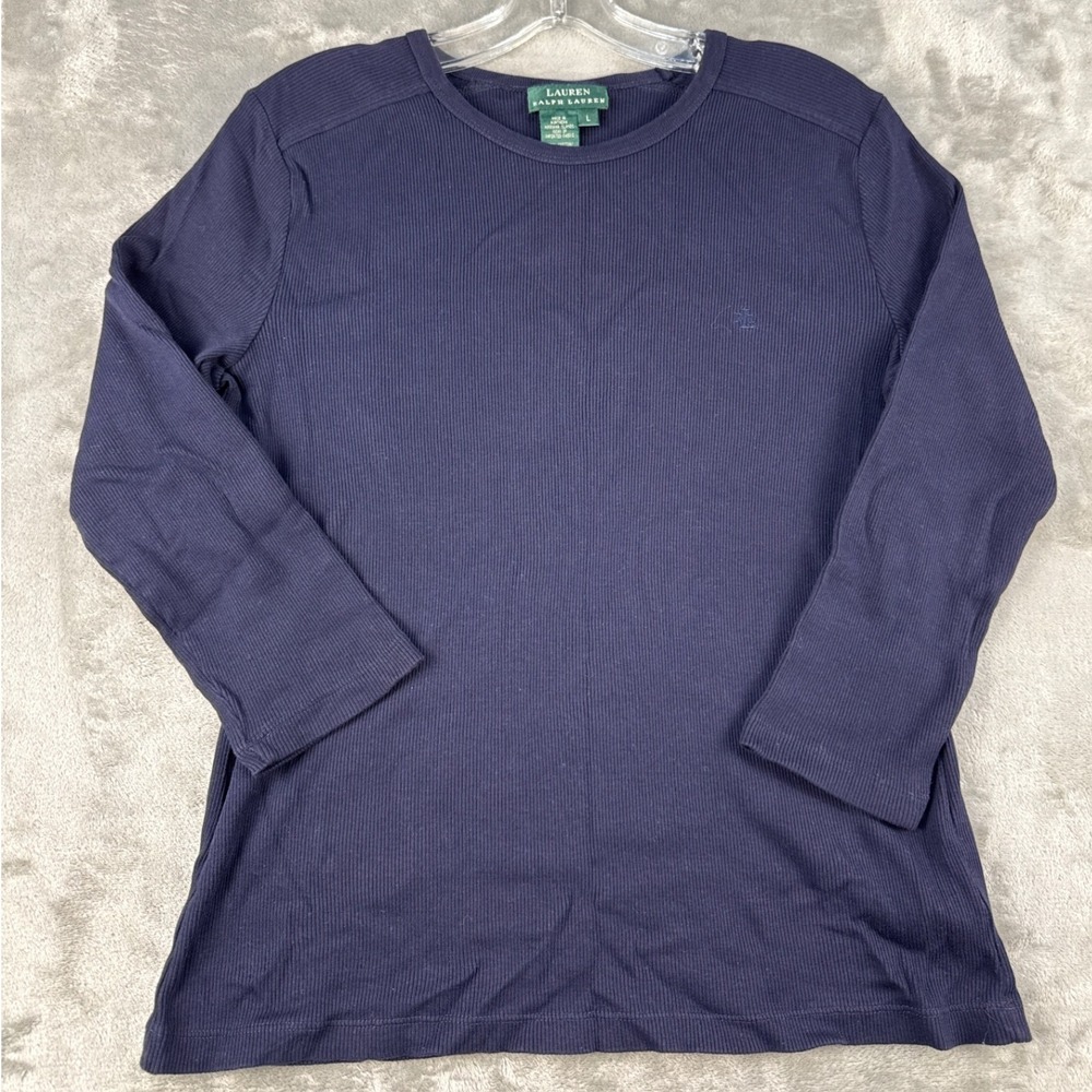 Lauren Ralph Lauren Top Womens L Ribbed Navy Blue Embroidered Logo EUC